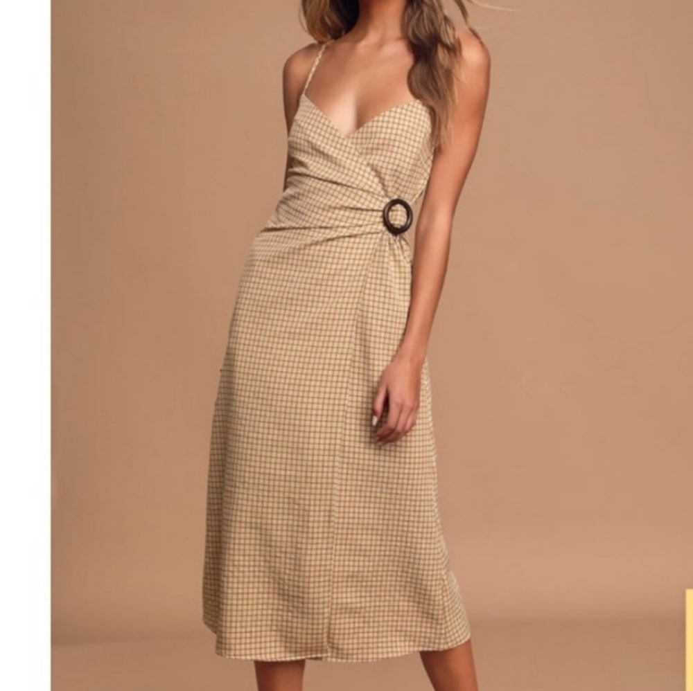 Lulu's Sunshine On My Mind Mustard Yellow Gingham Wrap Midi Dress